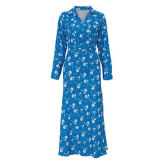 Digital Printed V neck Long Sleeve High Sense French Women Elegant A line Dress